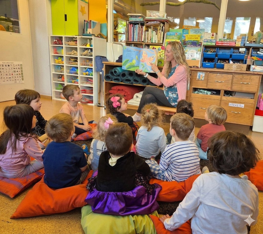 Children sitting on cushions during morning circle while a teacher reads them a picture book