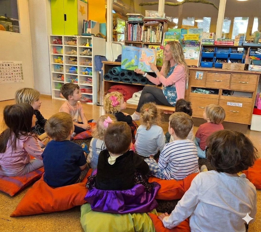 Children sitting on cushions during morning circle while a teacher reads them a picture book